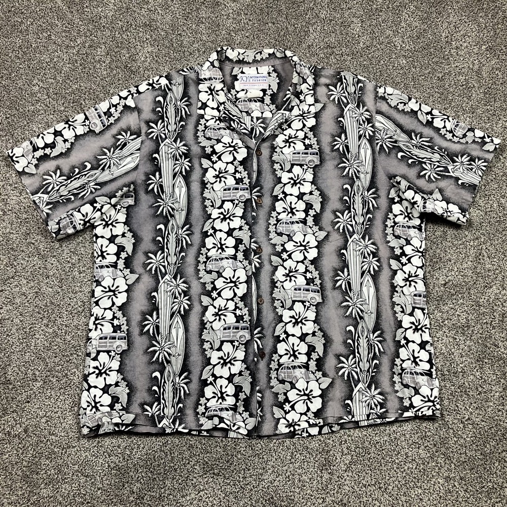 VINTAGE KYs Hawaiian Shirt Men XXL Gray Button Up Camp‎ Floral Tropical Pocket